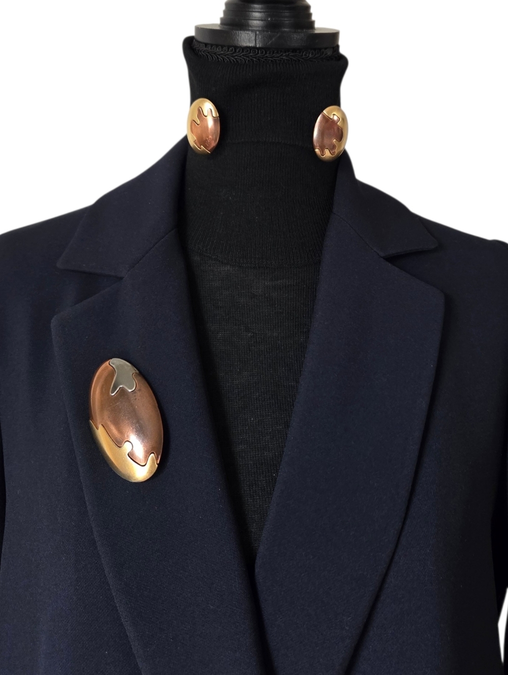 Vintage Yves Saint Laurent YSL Mixed Metal Puzzle Brooch & Clip-On Earrings Set